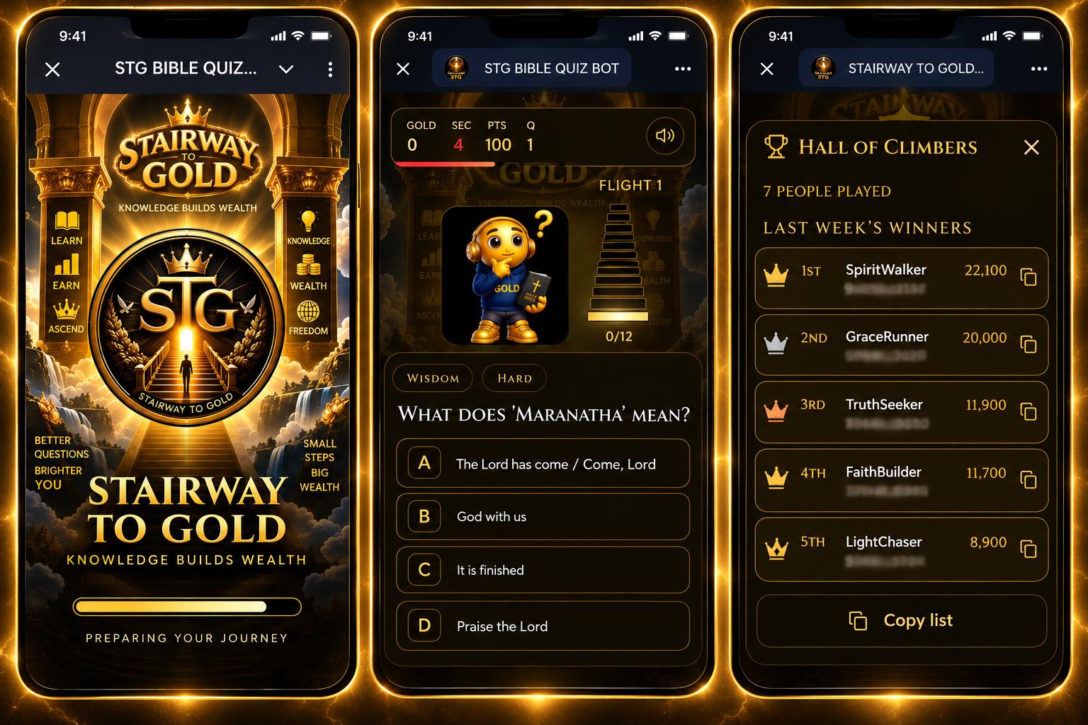 STG Bible Quiz on three phones: the journey, a question, and the hall of climbers